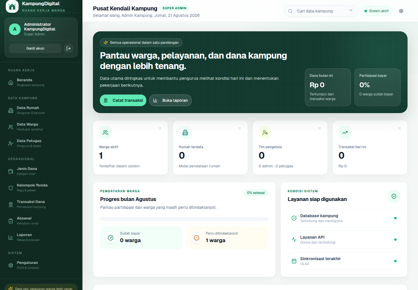 Dashboard KampungDigital yang menampilkan ringkasan warga, dana, pembayaran, dan kondisi sistem